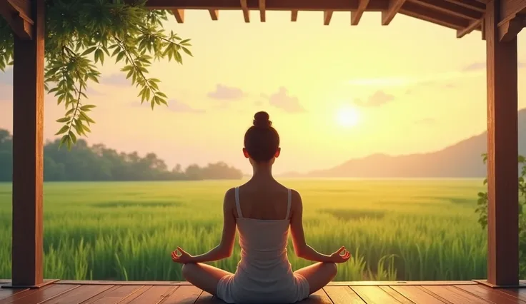 An Asian woman sits in meditation on the veranda of a traditional tea house, overlooking a vast rice field bathed in the soft light of dawn. The horizon is beginning to light up with orange and gold hues, and a light breeze gently stirs the leaves around. ...