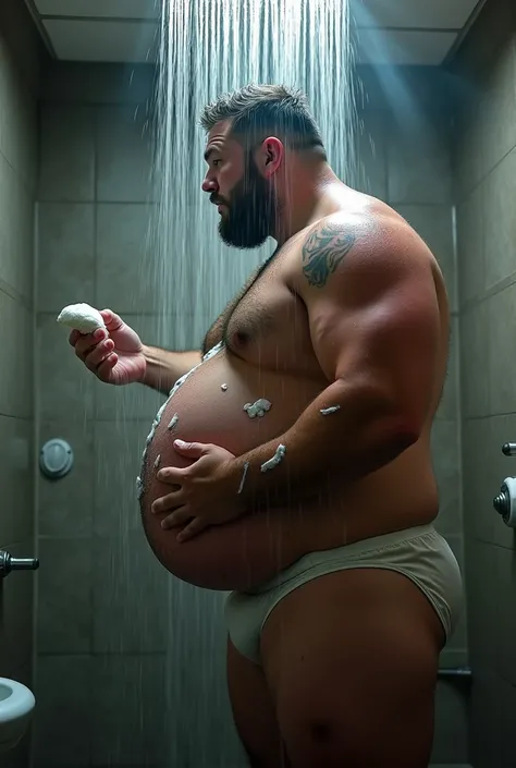 Side view, Side, Side view, JOGADOR DE RUGBY parrudo de fully body cueca boxer branca, taking a shower under the shower turned on, protruding belly on display, fully body, fatter, soap at your feet, He holds the soap lathering his belly with foam, the othe...