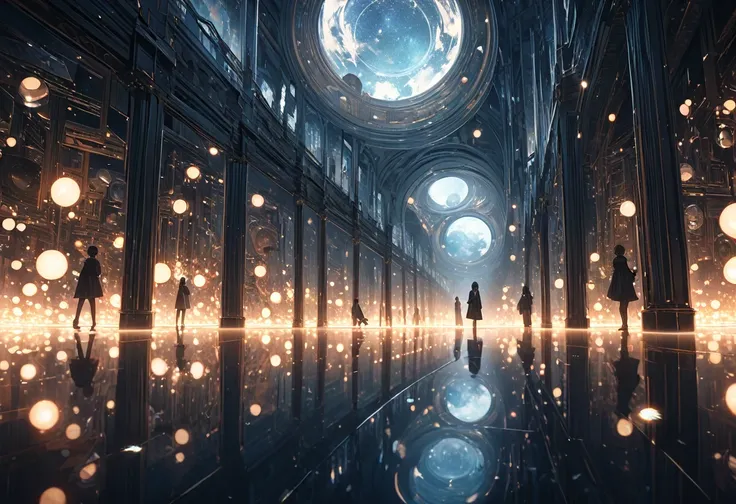 A vast, seemingly infinite labyrinth of mirrors, where every surface reflects and distorts the environment around it. The floor is made of polished black marble, reflecting the mirrors endless corridors. The space is lit by a soft, ambient light that seems...