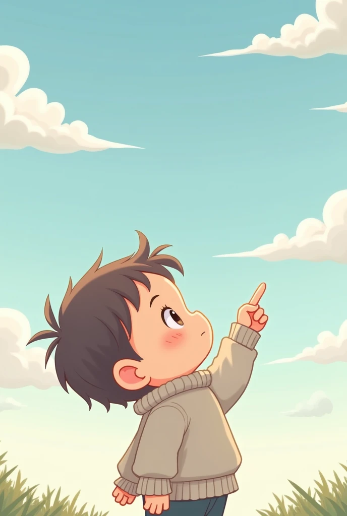 Chibi boy almost in profile with a sweater looking at the sky and pointing with his arm at the clouds