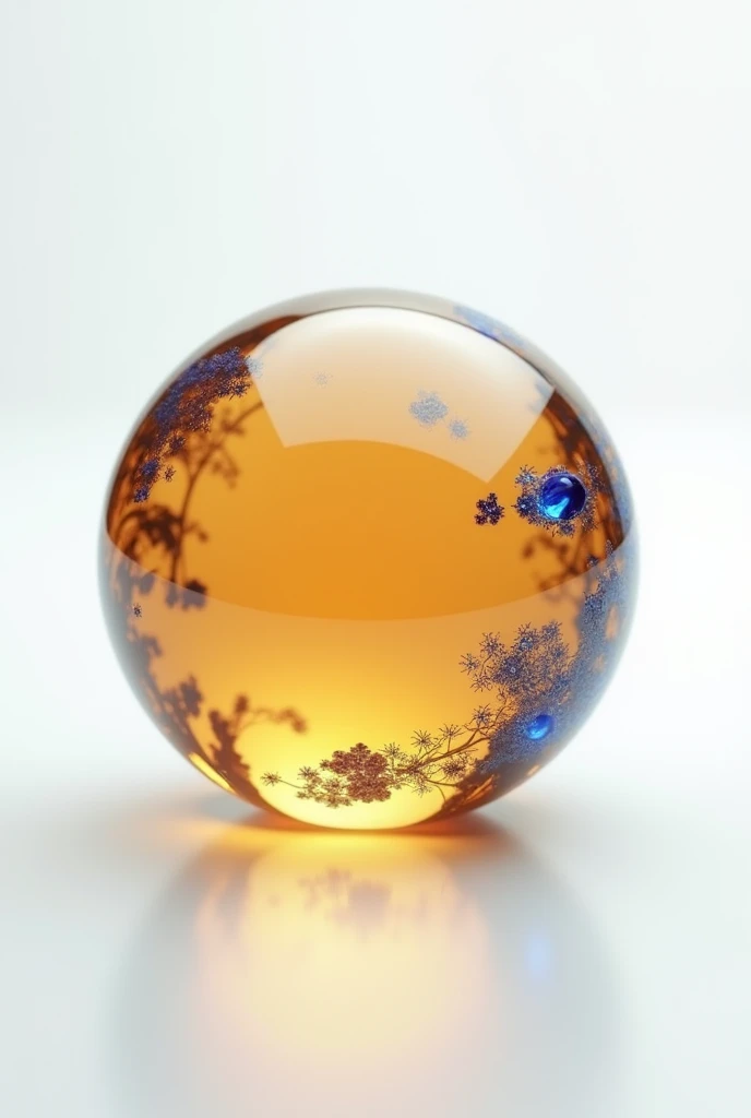 Perfect, polished sphere of dark honey color, with details in different shades of blue, representing to be a brilliant semi-precious stone with the finest and highest definition. Exactly white background.