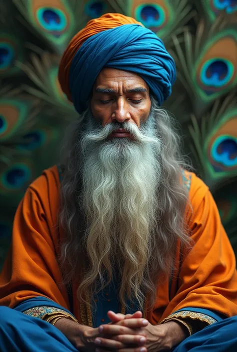 (photorealism:1.2),meditative face of sikh saint closed eyes long beard calmness on face radiant light blue orange turban he is sitting in isolate place doing meditation  peacock feather background at back 