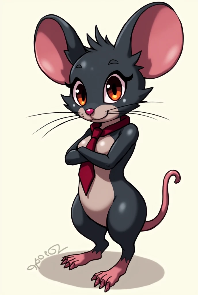 Black furry naked mouse with earring and tie with sexy female body, with breasts and a big ass, in drawing anime cute rough scribbled sensual.