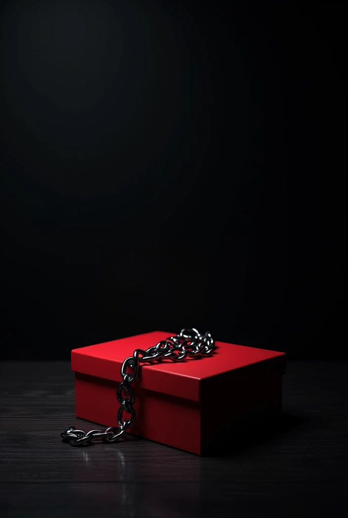 A black room with a chain on top of a red box on a table 