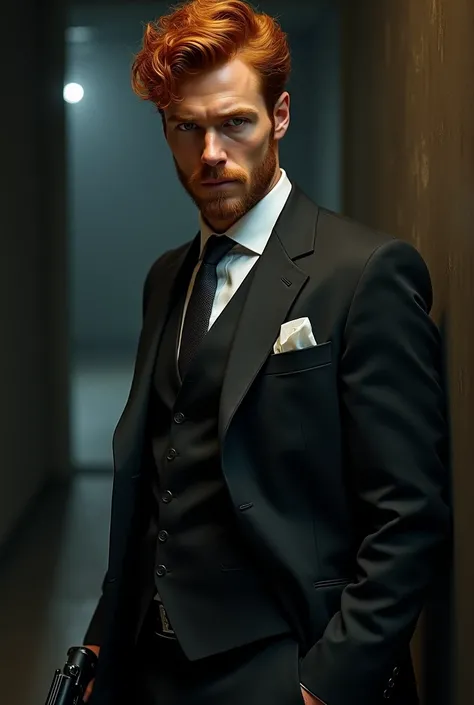 A handsome red-haired man in a suit with curly hair and a gun