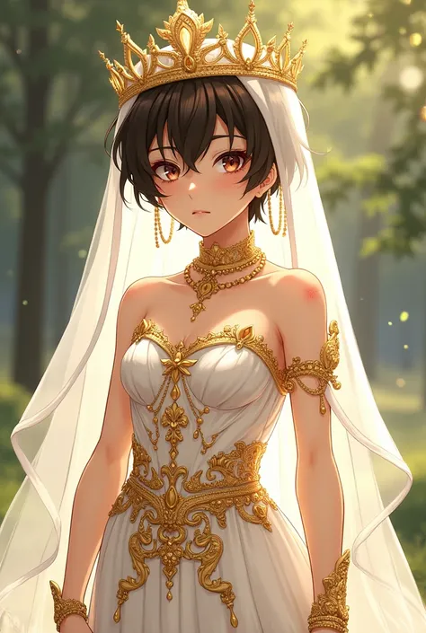 Anime style, Highres, Masterpiece, Best quality at best,Best Quality,hight quality, hight detailed, 1boy, (little boys), (armpit), sweating, shota, outdoors, wedding dress, Strapless dress, gold bracelets, gold necklace, gold rings, sparkling crown, veil, ...