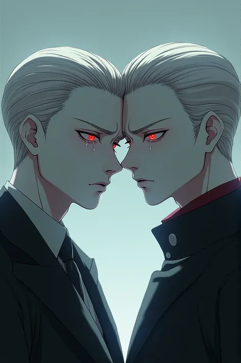 2 man, slickedback hair, albino skin, Red eye, with a sad look and tears in anime style