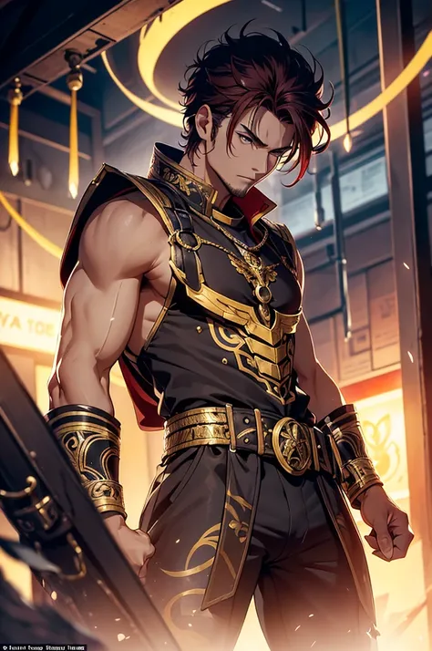 Aries is a fierce and muscular figure, standing tall with broad shoulders and powerful limbs. His hair is a fiery shade of red, curling down to his shoulders. He wears a gold breastplate, intricately crafted and engraved with images of his many victories i...