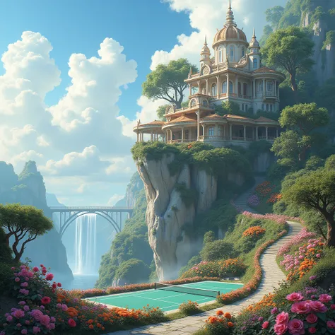 ((Best quality)),((masterpiece)),(detailed) a beautiful cliff, with a fantasy home attached a badminton court, above the wind, heaven like environment with  clouds in four corners,a scene of various kinds of flowers with a bridge connected to paradise