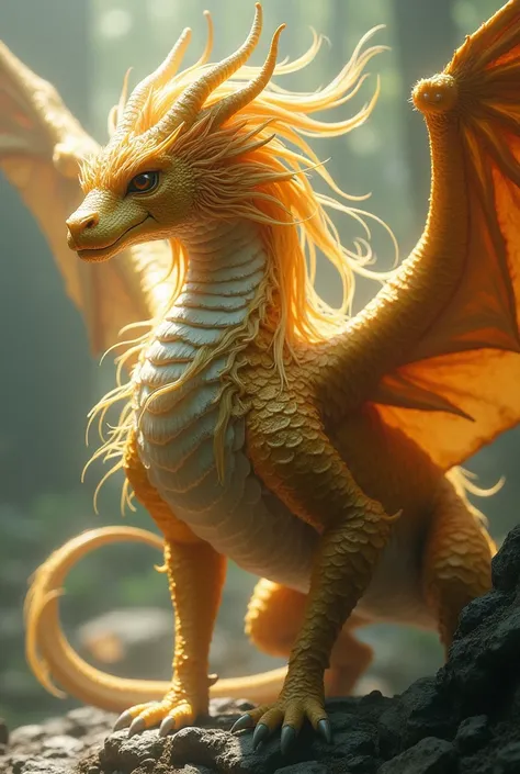 Ultra detailed, Ōryū、4 feet、wing、Long mane、Golden body、Dragon Face、Dragon Body