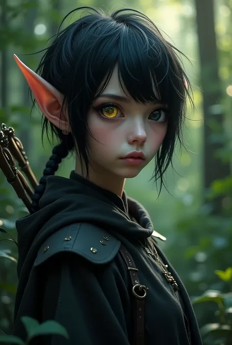 A slightly dark elf, with the left eye golden as bright gold and the right eye as black as dark as the night sky. Your hair is straight, short and messy, her hair is black with light white streaks, very few strands. He is a hunter, a stealthy flower archer...