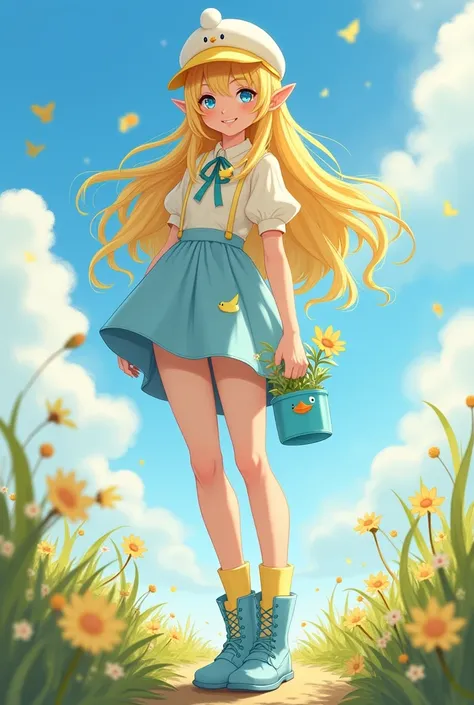 a female character, with long light yellow hair , blue eyes,duck cap, a blue and yellow duck planter, light blue and yellow boots,sky blue and yellow socks, and that she is adult and tall 
