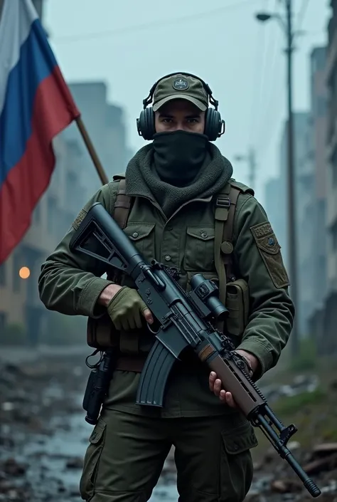 male 2, dressed in military camouflage clothing, in a camouflage cap, face covered with a scarf up to the eyes, Kalashnikov AK-47 assault rifle in hands, Defender and Hero of the Russian Federation, behind the back is the background of the night city, dest...