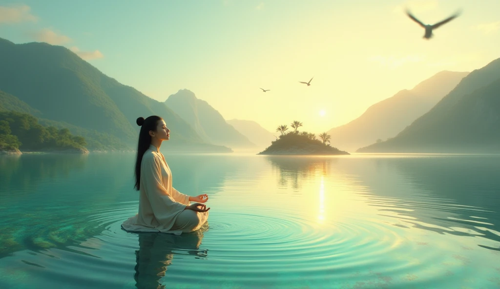 An Asian woman is meditating on a small island surrounded by crystal clear sea at dawn, with green mountains in the distance. Fish can be seen swimming in the clear waters around the island, as birds fly above, creating a sense of deep connection with natu...