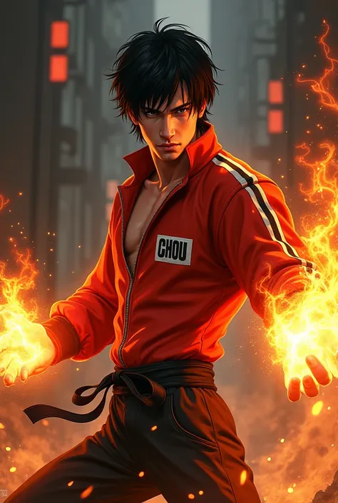 A soft arts character that mixes Bruce Lee and Iore Yagame, no bad boy style, with fire flames in his hands and the name Chou written in Brazilian Portuguese on his jacket 