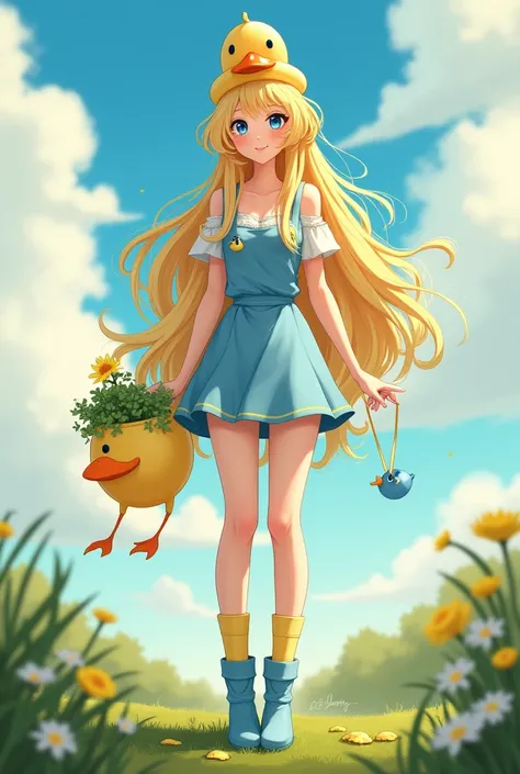 a female character, with long light yellow hair , blue eyes,duck cap, a blue and yellow duck planter, light blue and yellow boots,sky blue and yellow socks, and that she is adult and tall 
