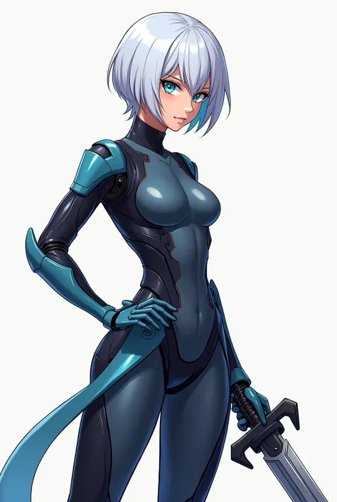 short hair, anatomically correct, The best quality, woman, breasts, White hair, blue eyes, Closed mouth, expressionless, simple background, illustration, animated style, cheered up, Leotardo, Whole body, sexy, ANDROID, sword, weapon, tomboy