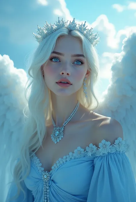 Angelic looking woman with blue clothes and accessories