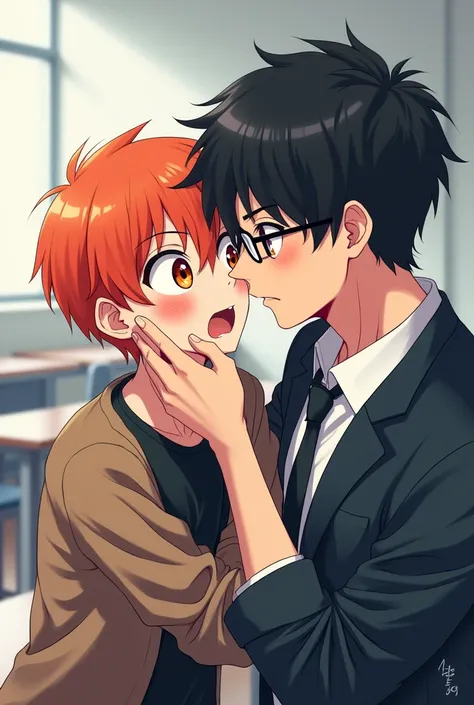 V4 manwa bl style art, a surprised cute boy with orange-red hair being grabbed by the chin by a serious-looking man with black hair and glasses. in an empty classroom setting