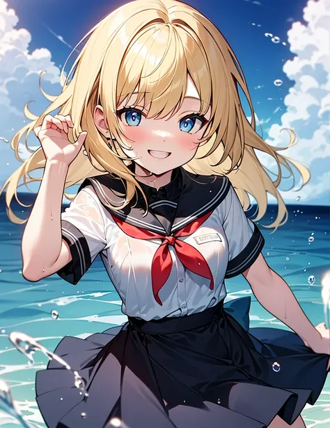 (8k, Highest quality, masterpiece: 1.2),Ultra-high resolution, 1 person, cute, Small breasts, solo,Highly detailed face, School Uniform, White blouse, Waiter Skirt, Medium, Blonde, Blue Eyes, Ocean, Wavy, splash, Childlike, The best smile, soaked