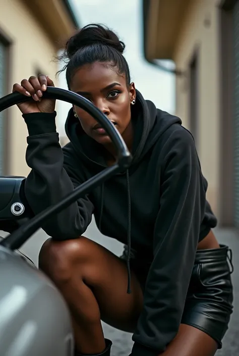 black woman hair in a bun black hoodie black leather short shorts setting in car in the drivers seat, camera under the steering wheel looking up at her 