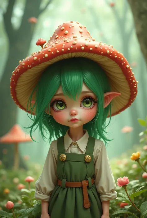 Child with green hair and mushroom hat