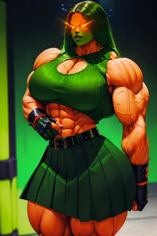 ((Close-up)), tall, (green hair) beautiful muscular woman, long curvy hair, brown skinned, large breast, (black lipstick), (massive muscles), (hyper muscle), ((ginormous bulky muscles)), (((glowing orange eyes))), ((((sleeveless green plated top)))), ((bla...