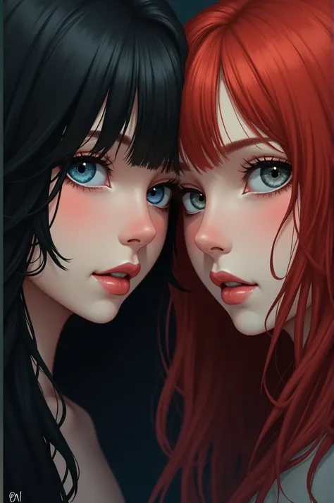 A black-haired girl with blue eyes and a red-haired girl with grey eyes 