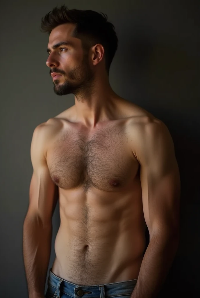 a man hairy chest naked with an erection