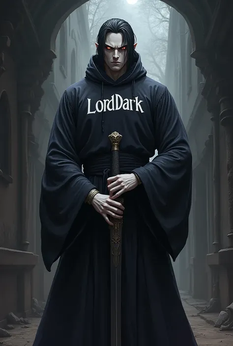 Create for me a character from the anime demon slayer but with the name on the shirt written lorddark , holding an epée