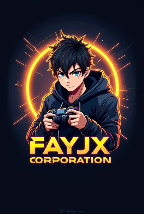 This is a gaming logo that features the name "Fayjx Corporation 
" in a futuristic font and a neon Golden color. and Boy Anime avtar, The logo also has a stylized controller icon. The logo is designed to be attractive and eye-catching, and to appeal to gam...