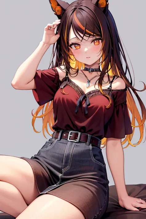 ((Highest quality)), ((masterpiece)), (detailed), One girl, short sleeve shirt、Medium breast, Brown Hair、orange eyes, hair ornaments, Sinder (VTuber)