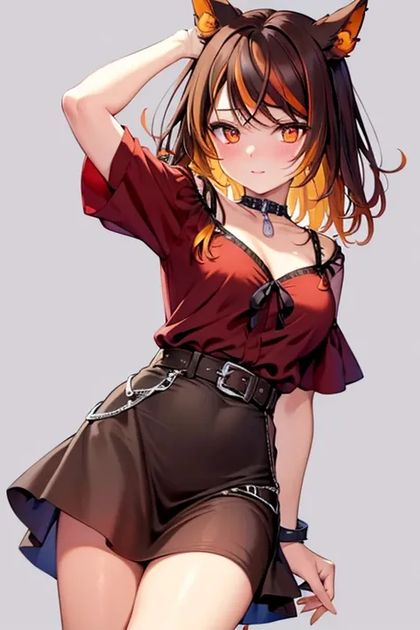 ((Highest quality)), ((masterpiece)), (detailed), One girl, short sleeve shirt、Medium breast, Brown Hair、orange eyes, hair ornaments, Sinder (VTuber)