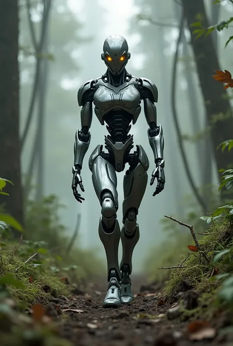 Futuristic and realistic robot walking in a post-apocalyptic forest