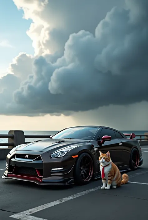 Car Photography, A design that blends the latest Nissan GT-R R35 and Chevrolet Camaro, (((The front design is closer to the Chevrolet Camaro))), Blake, Seaside parking lot, There is a cat standing next to the car，The cat is dressed，Wearing a tie，There are ...