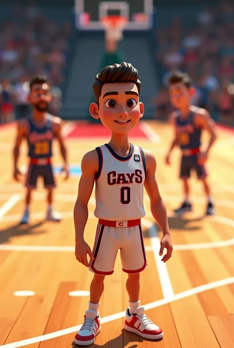 generates an image of a person looking forward in a basketball suit with his friends who are above to his right and left. They are on the basketball court playing and they are animated, the camera is from above