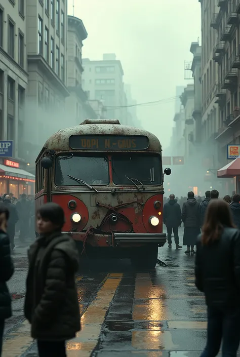 a detailed old-fashioned bus crashed into a wall at the busy intersection, worried people around, cinematic lighting, dramatic atmosphere, volumetric fog, realistic textures and materials, photorealistic, 8k, hyperdetailed