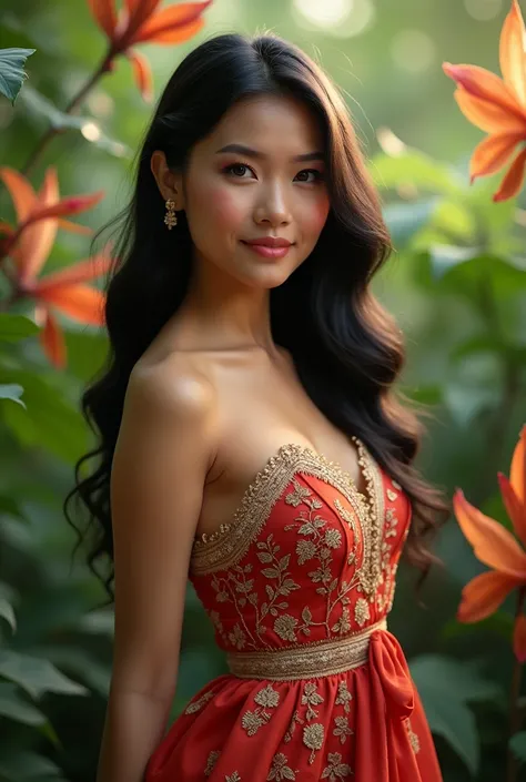 A stunning Filipina woman with long black hair and warm brown eyes. She is wearing a traditional Filipiniana dress, standing in a lush tropical garden.