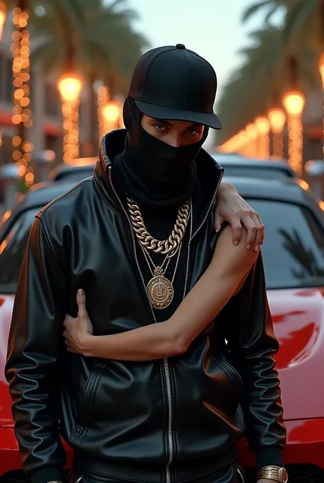 White skinned rapper with balaclava wearing leather outfit with black snapback with girls hugging him and sports cars behind