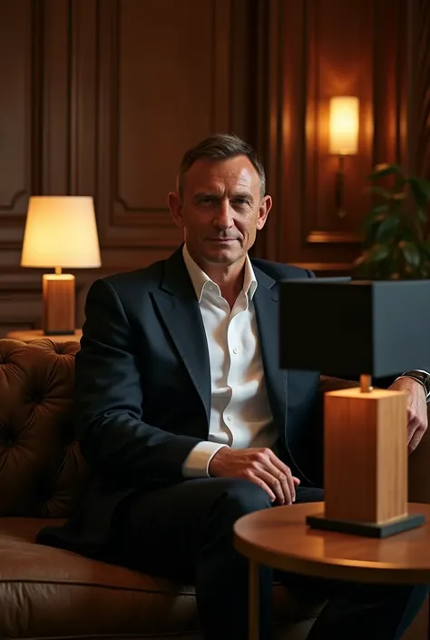 Famous actor Daniel Craig sitting on a couch in a beautiful luxurious room, next to him, on the table is a square wooden table lamp with a rectangular black cap, the complete lampshade is visible in the picture