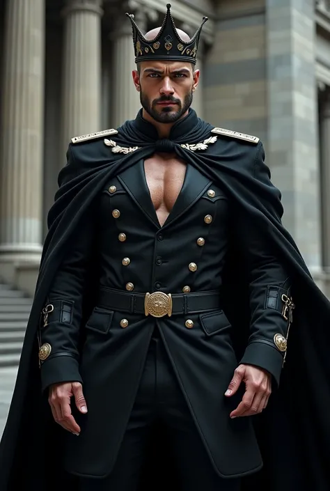 (Best quality at best,Photorealistic) ( Peitoral extremamente generosos)big massivea huge pecs,(dark,feels) hot Wizard Young person, One guy,detailed black eyes, French-German man in uniform standing in front of building, in full military garb, in a soldie...