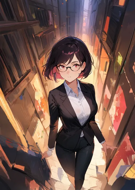 work of art, best qualityer, very aesthetic, absurdrez, 1 girl, grown-up, walking in dark alley short hair black suit white shirt, glasses, wind perspective from above, neon