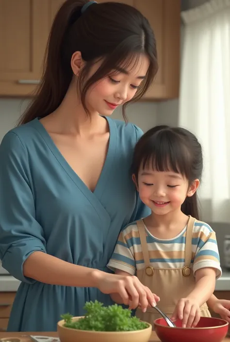 (Photo realistic:1.9, Not 3D animation:1.9, Not an illustration:1.9, Not anime:1.9), A heartwarming live-action film about family love, (((Two Japanese))), (((cute)), (((cute face))), Like a couple, Japanese-style house, kitchen, Mother cooking and daughte...