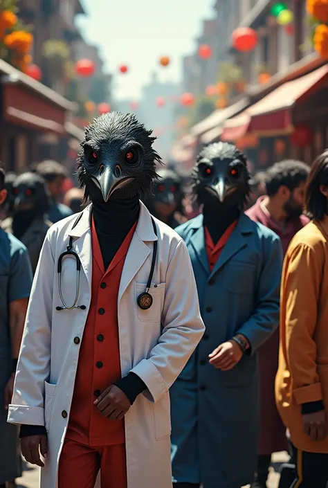 A Day of the Dead festival with several people wearing doctor&#39;s outfits wearing crow masks