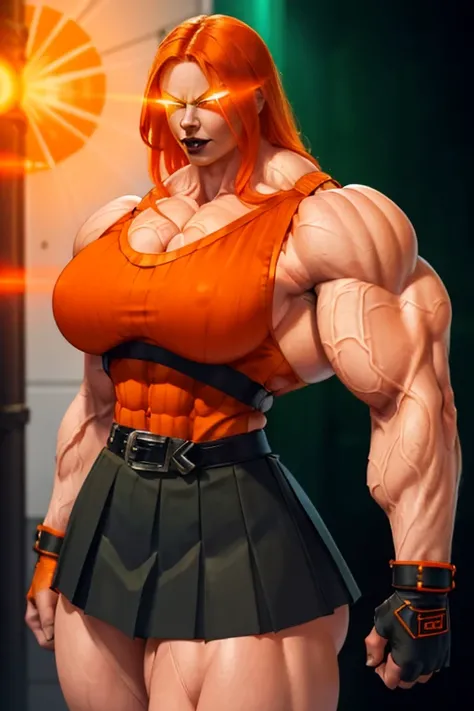 ((Close-up)), tall, (orange hair) beautiful muscular woman, long shaggy hair, pale white skinned, large breast, (black lipstick), (massive muscles), (hyper muscle), ((ginormous bulky muscles)), (((glowing green eyes))), ((((sleeveless orange plated top))))...