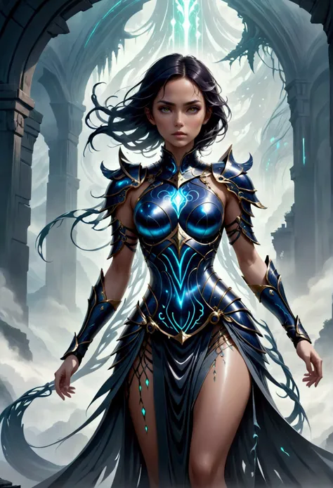 a stunning female fantasy warrior stands confidently, her body adorned with living, symbiotic armor that clings to her form like...