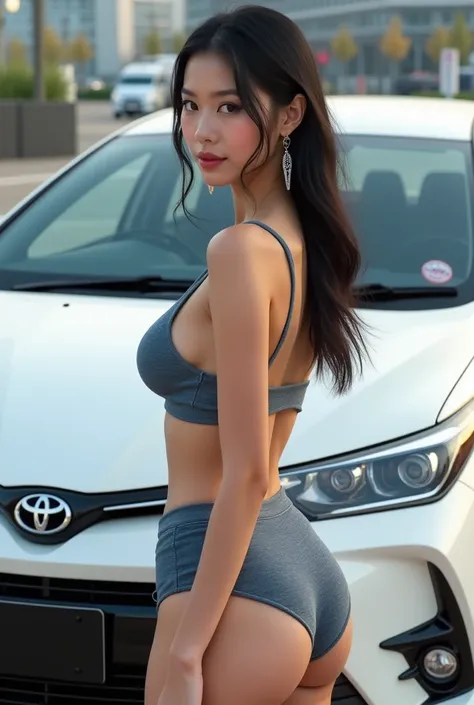 Toyota Corolla Sports GZ Japanese model, color is white　Japanese young busty woman standing in front