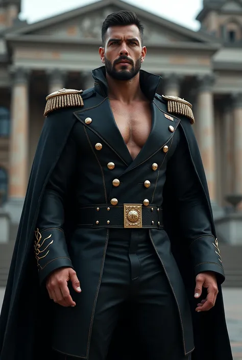 (Best quality at best,Photorealistic) ( Peitoral extremamente generosos)big massivea huge pecs,(dark,feels) hot Wizard Young person, One guy,detailed black eyes, French-German man in uniform standing in front of building, in full military garb, in a soldie...