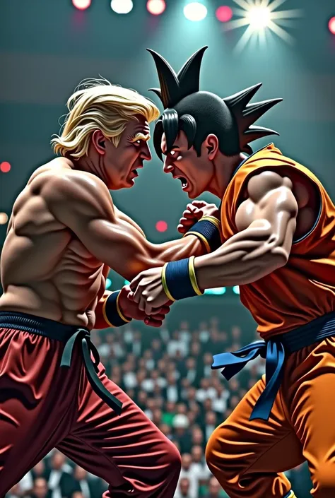 An image of Donald Trump being beaten by Goku in an MMA tournament
