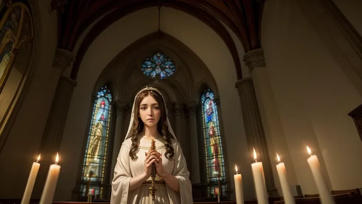 our lady mother of jesus, luminous image, inside a church with candles